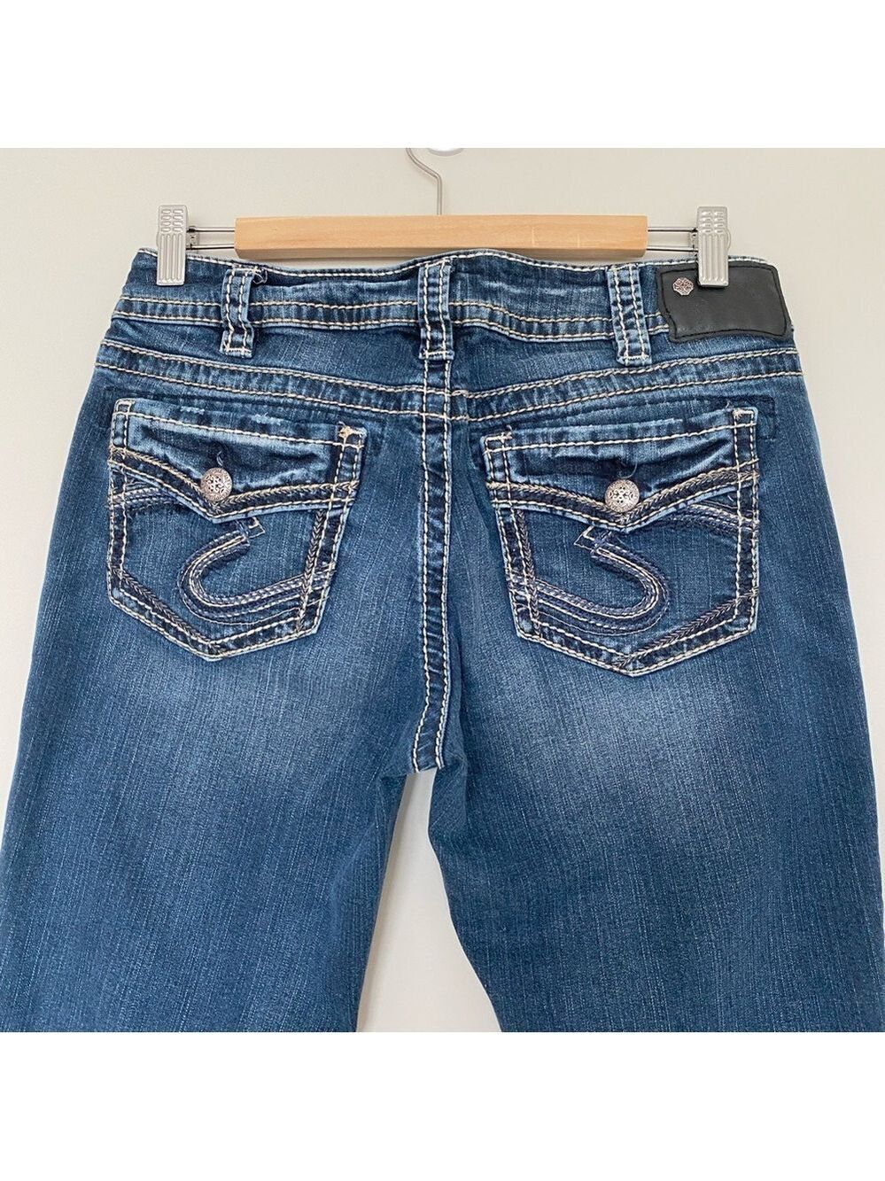 Silver Fluid Denim Suki Mid Slim Bootcut Jeans Sz 31X31 Thick Stitching